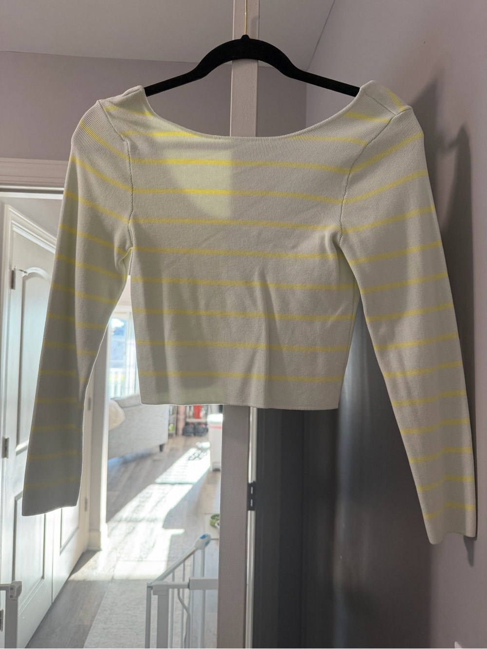 Zara White and Pale Yellow Striped Long-Sleeve Top